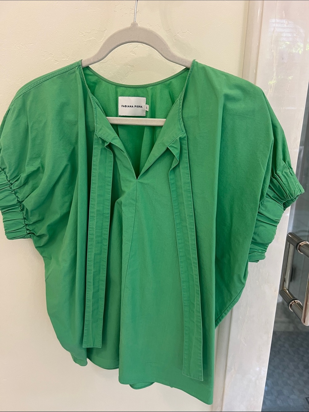 Fabiana Pigna Emerald Tie-Neck Short Sleeve Blouse